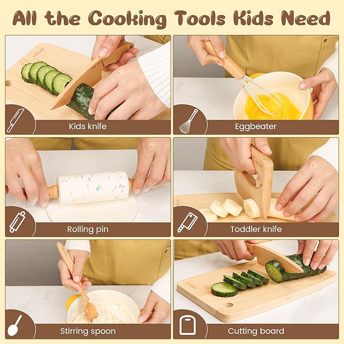 Wooden Kids Safe Knife and Kids Baking Set for Real Cooking, 6 PCS Toddler Montessori Kitchen Tools, Cooking and Baking for Little Chefs
