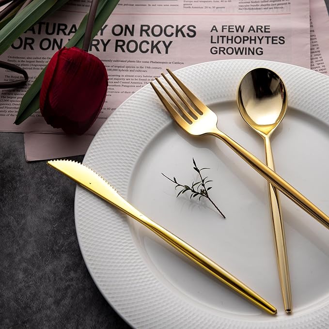 LIYH 360 Pcs Gold Christmas Plastic Silverware - Elegant Gold Silverware Disposable Christmas Utensils Set for Weddings, Parties & Events - Includes Forks, Spoons, Knives, Cutlery Tableware