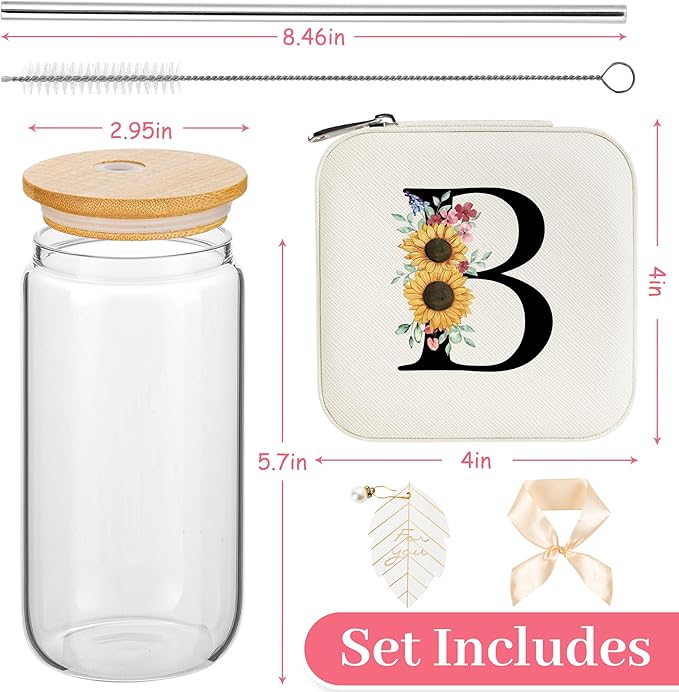 AYGXU Mothers Day Gifts for mom,travel jewelry case organizer,small jewelry travel case,Cute Tumbler Cup,16oz bamboo lids for glass cups,teacher appreciation gifts for women,Initial B white