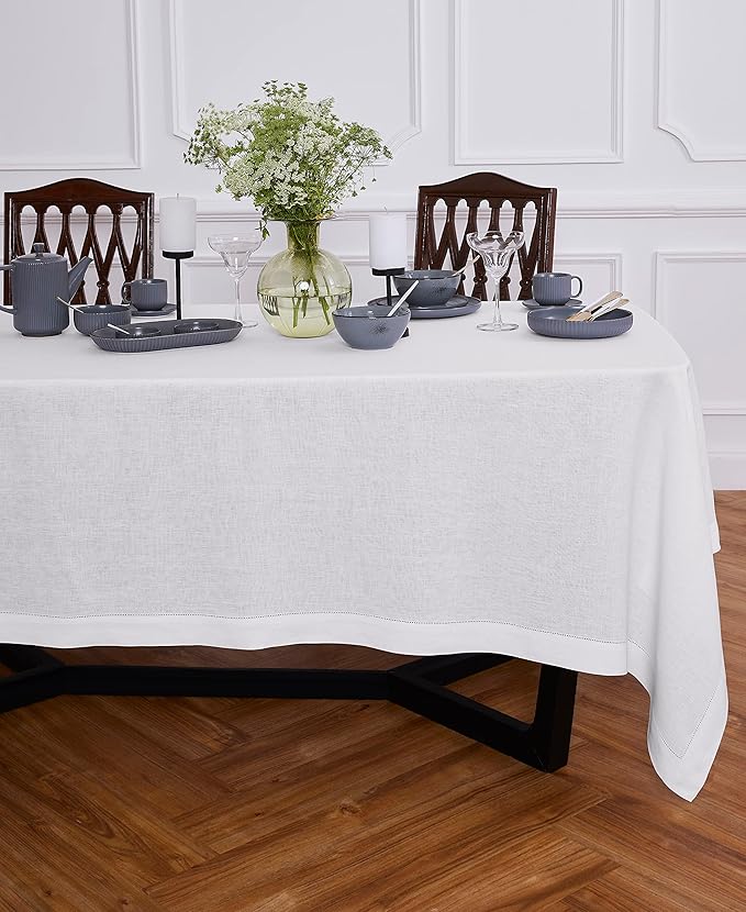 Solino Home White Linen Tablecloth 70 x 132 Inch - 100% Pure Linen Hemstitch Table Cloth for Rectangle Tables - Sonoma Hemstitch, Machine Washable Tablecloth for Valentines, Winter, New Year