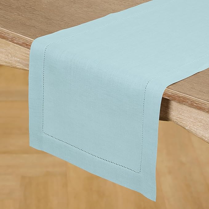 Solino Home Linen Aqua Blue Table Runner 36 Inches - Classic Hemstitch, 100% Pure Linen Coffee Table Runner 14 x 36 Inch Ideal for Dresser Tables - Winter