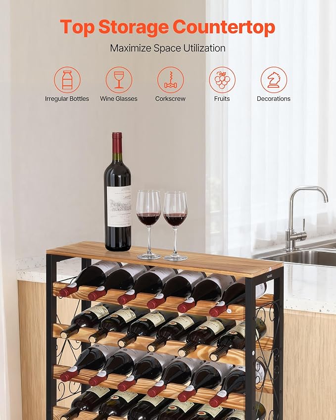 VEVOR 48 Bottle Wine Rack,8-Tier Wine Bottle Holder,Freestanding Floor Display Wine Storage Shelves with Wood Table Top,for Kitchen Pantry, Cellar, Bar, Dining Room, Living Room, Black