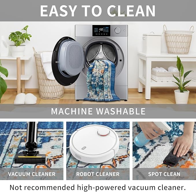 Easy-Going Large Area Rug 8x10 Washable Boho Rugs for Living Room Non-Slip Bedroom Rug Low Pile Lightweight Tangerine Vintage Throw Rug for Dining Room Kitchen Home Office Carpet, Floral Aqua Yellow