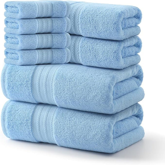 REDKISS Blue Towel Set of 8-100% Cotton Luxury Bath Towels Set for Bathroom, 600 GSM Highly Absorbent Bathroom Towel with 2 Large Bath Sheet, 2 Hand, 4 Washcloths, Blue Shower Towels for Dorm