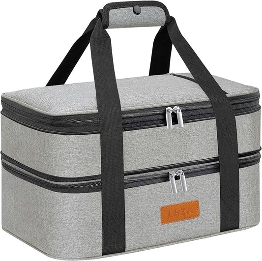 LHZK Double Insulated Casserole Carrier for Hot or Cold Food, Lasagna Holder Tote for Potluck Parties, Beach, Picnic, Travel, Fits 11x15 or 9x13 Dish (Grey)
