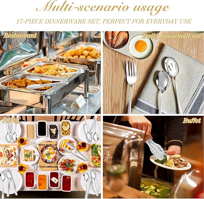 MWELLEWM 17Pcs Serving Utensils, Silver Stainless Steel Large Serving Spoons, Slotted Spoon, Fork, Tongs, Cake Pie Server, Soup Spoon Metal Buffet Banquet Cutlery Set for Parties Entertaining Catering