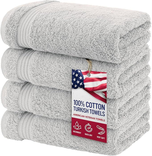 American Veteran Towel, Hand Towels for Bathroom Set of 4, 100% Cotton Turkish Hand Towel Sets, Soft Hand Face Towels, Silver Grey Hand Towels