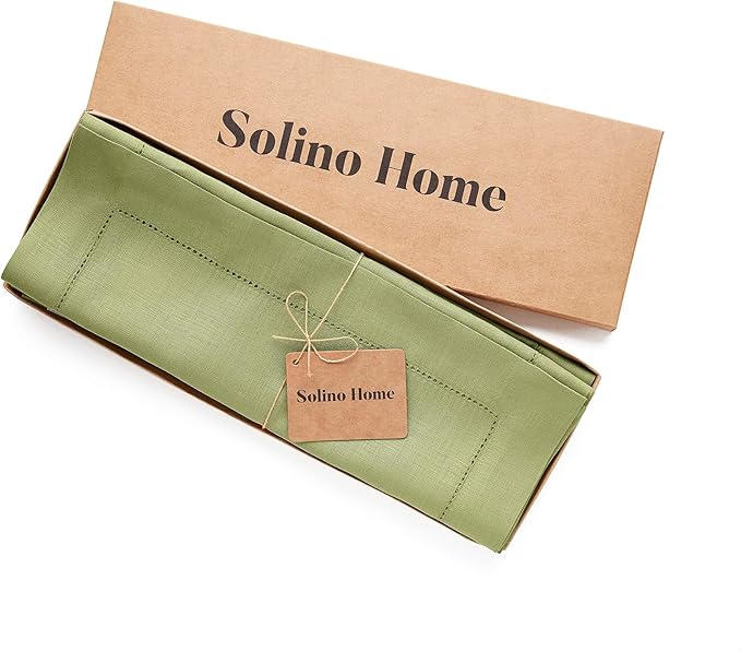 Solino Home Linen Placemats Set of 4 - Classic Hemstitch Moss Green Placemats 14 x 19 Inch - 100% Pure Linen Table Mats for Winter