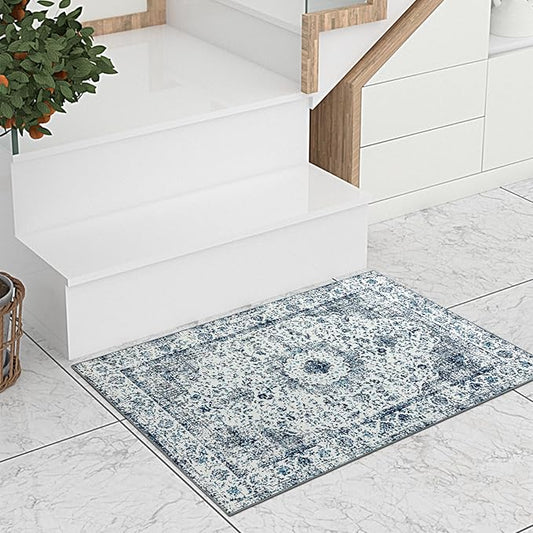 Easy-Going Boho Area Rug 2x3 Washable Entryway Rugs Front Door Mat Indoor Entrance Non-Slip Vintage Small Entry Rug for Living Room Kitchen Bathroom Office Lightweight Carpet, Floral Blue Cream