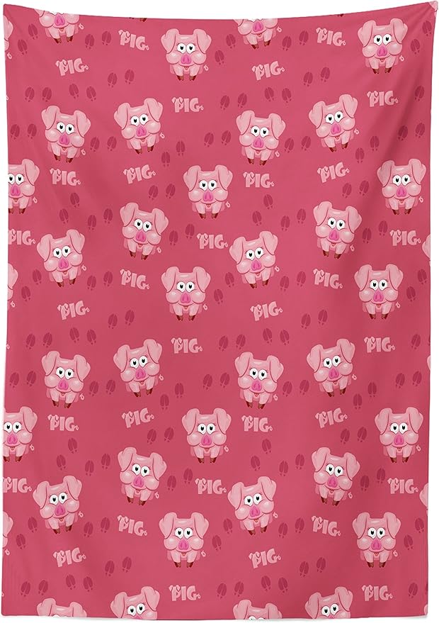 Ambesonne Pig Tablecloth, Square Cartoon Pig Hog Cheering Greeting Running Towards Humor Artwork Print, Rectangular Table Cover for Dining Room Kitchen Decor, 60" X 90", Pale Pink