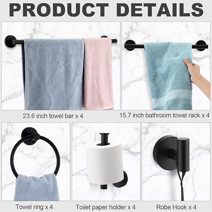 Gisafai 20 Pcs Bathroom Hardware Set, 23.6 Inch Brushed Towel Bar Ring Toilet Paper Holder Robe Towel Hook, Sus304 Stainless Steel Bathroom Accessory Set Wall Mounted (Black)