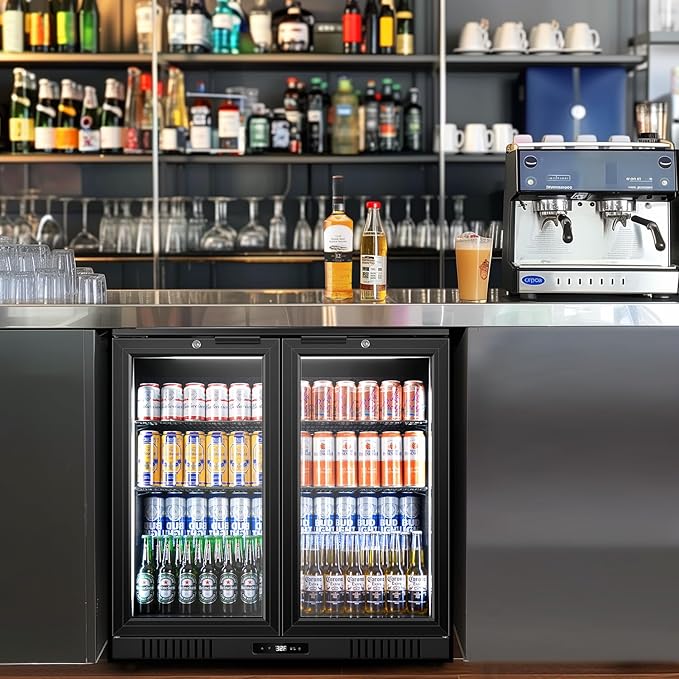 Tylza Back Bar Cooler With 2 Glass Doors, 7.2 Cu.Ft Under Counter Back Bar Refrigerator with LED Lighting, Safety Locks, Counter Height Bar Beverage Cooler for Beer, Soda Drinks, Wine, Black