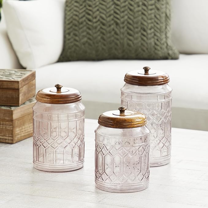 Deco 79 Glass Living Room Decorative Jars Decorative Container with Wood Lids, Set of 3 Jar with Lid 8", 9", 11"H, Clear