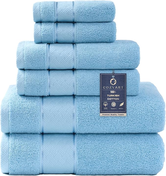 COZYART Light Blue Bath Towels Set 6 Piece, 2 Bath Towels 2 Hand Towels 2 Washcloths, Luxury 100% Turkish Cotton 650GSM Hotel Quality, Soft, Absorbent, Towel Sets for Bathroom