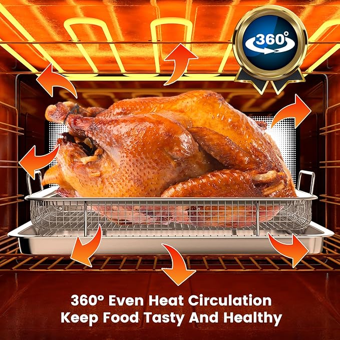 Air Fryer Basket for Oven,2 Pieces 11.8 * 8.8'' Non-stick Steel Mesh Grill Basket Air Fryer Baking Tray Accessories Rack Roasting Basket for Convection Oven with Air Fryer, Dishwasher Safe