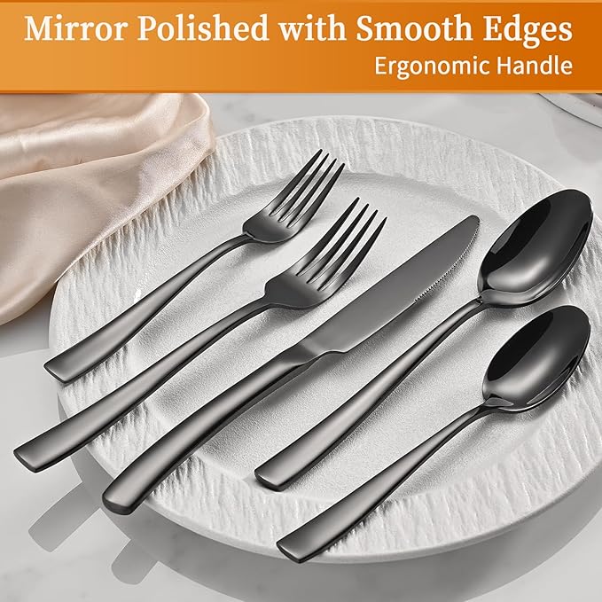 40-Piece Black Silverware Set, Heavy Duty Stainless Steel Flatware Cutlery Set Service for 8, Food-Grade Utensil Sets for Home Restaurant, Dishwasher Safe