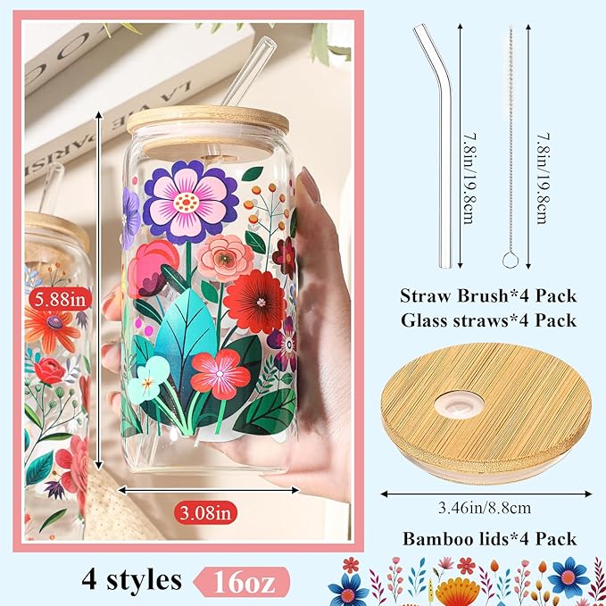 Mumufy Gift for Women Cute Glass Cup Tumbler Flower Iced Coffee Mugs 16 oz Glass with Bamboo Lid & Straw, Mothers Day Birthday Gift for Mom Sister Bridesmaid Baby Shower(4 Pack,Abstract Flower)