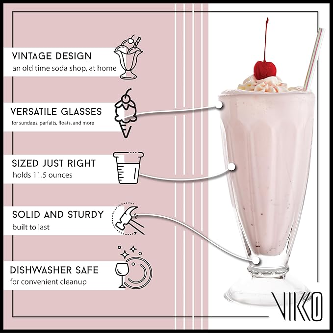 Vikko Milkshake Glasses, Set of 6 Footed Ice Cream Cups, 11.5 Ounce Milkshake Cups, Thick and Durable Dessert Cups Glass, Ice Cream Bowls, Sundae Glasses