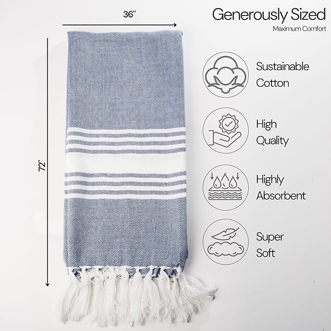 Salt Earth 100% Cotton Herringbone Weave Beach Towel, Set of 4-36" X72" Large Bath Towels, Quick Dry Towel, Bathroom, Beach Essentials, Gym, Lightweight Large Towels (Grey Blue)