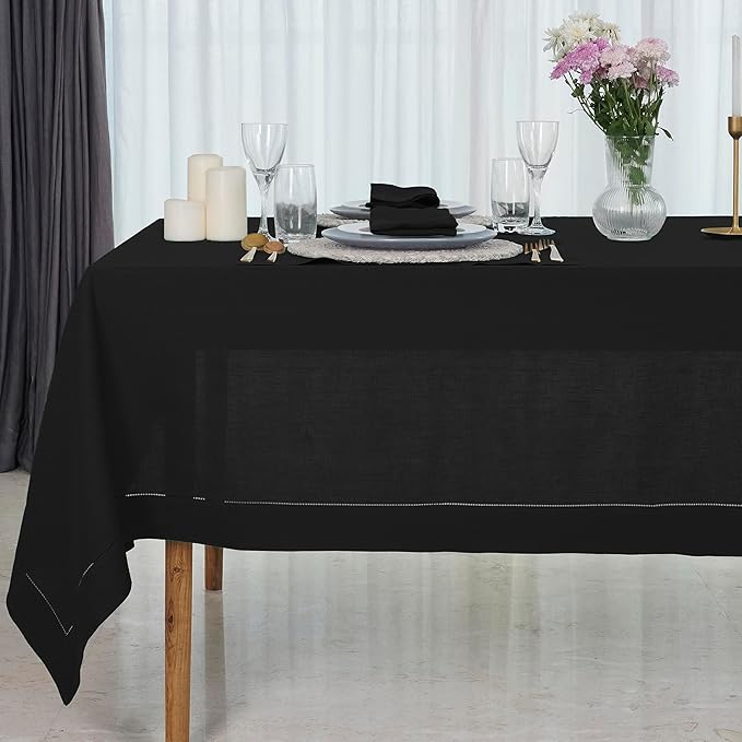 D'Moksha Homes Black Linen Tablecloth for Rectangle Tables 60 x 102 Inch - Classic Hemstitch 100% Pure Linen Black Table Cloth - Machine Washable Dining Tablecloth for Christmas, Holiday, New Year