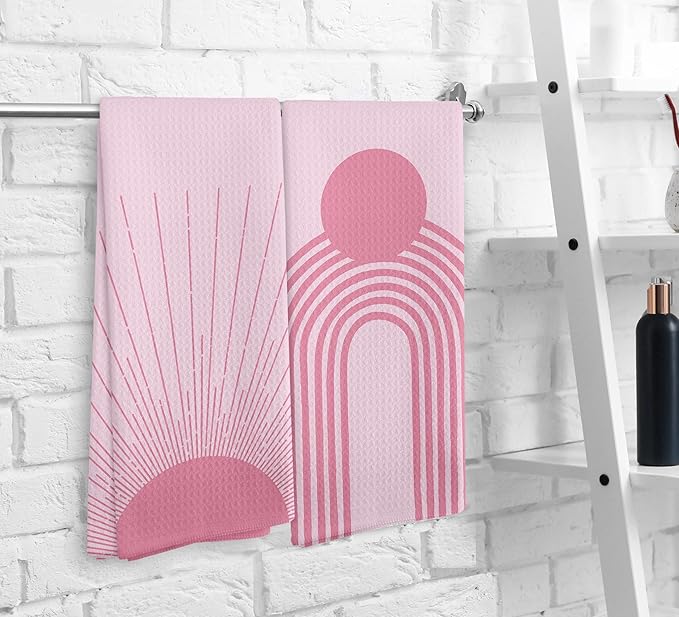 Pink Abstract Sunrise Kitchen Towels Set of 2, Bohemian Sun Hand Towels, Preppy Kitchen Towels, Sunshine Gifts, Pink Moon Drying Cloth Hand Towels for Girls Bathroom Kitchen Decor, 16×24 Inches