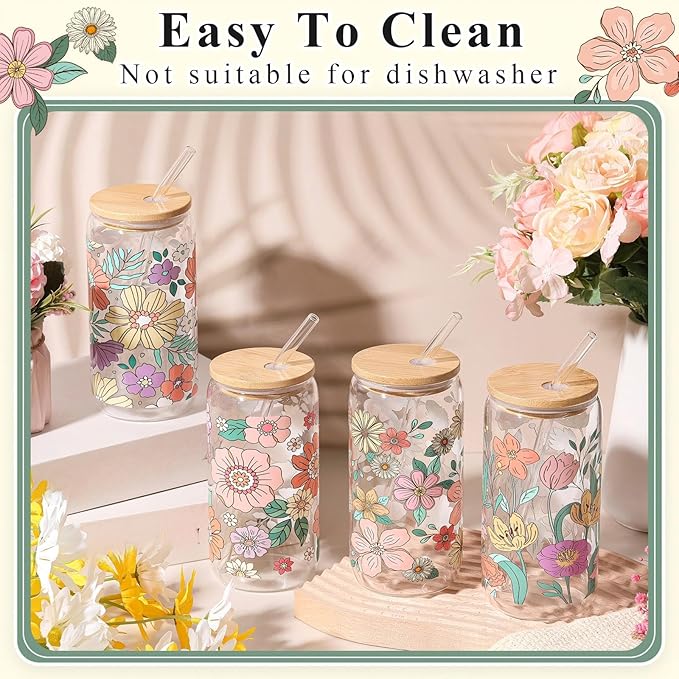 Mumufy 4 Pcs Gift for Women Bohemian Flower Cute Glass Cup Tumbler Boho Floral Iced Coffee Mugs 16 oz Glass with Bamboo Lid & Straw, Mothers Day Birthday Gift for Mom Sister Bridesmaid Baby Shower