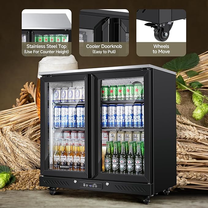 BODEGACOOLER Back Bar Cooler with 2 Glass Doors,7.7 Cu.ft Commercial Bar Beverage Refrigerator Under Counter LED Lighting for Soda Drinks,Beer,Wine with Stainless Steel Top,DOE Approved,4 Casters
