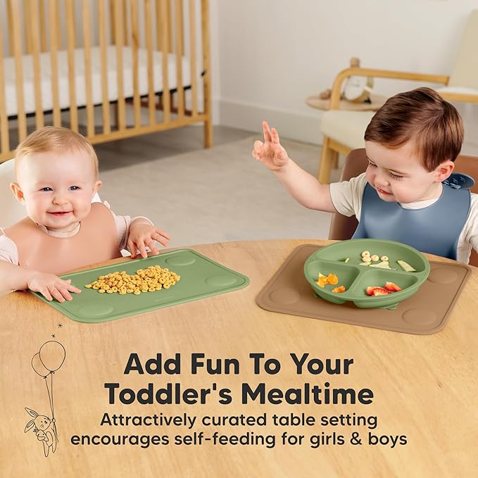 KeaBabies 2-Pack Silicone Placemats for Toddlers - 12x9 Non Slip Suction Baby Silicone Placemat for Kids Eating, Easy to Clean, Busy Travel Baby Mat for Dining Table, Food Grade/BPA-Free (Desert)