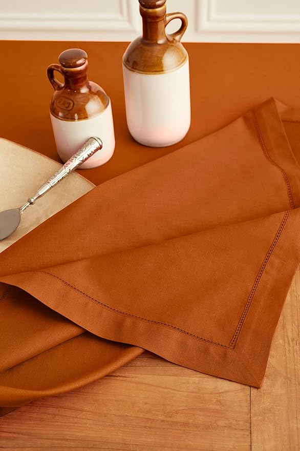 Solino Home Cotton Linen Tablecloth 58 x 144 Inch - Hemstitch Cinnamon Table Cloth for Rectangle Tables - Machine Washable Tablecloth