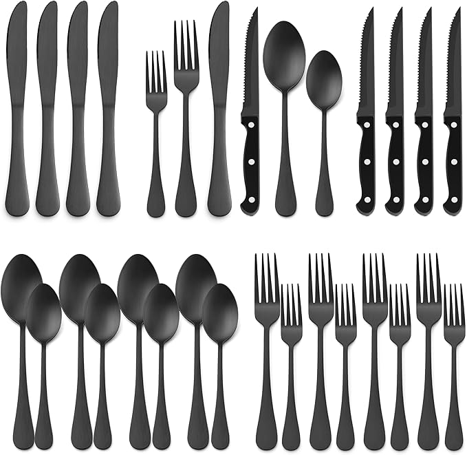 E-far 24-Piece Black Silverware Set with Steak Knives, Stainless Steel Flatware Cutlery Set for 4, Matte Black Metal Eating Utensils Sets Include Forks and Spoons Knife, Modern Design & Rust Proof
