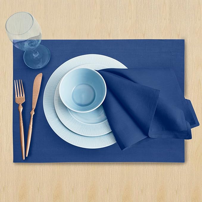 Solino Home Linen Placemats Set of 4 - Indigo Blue Placemats 14 x 19 Inch - 100% Pure Linen Table Place Mats for Holiday, Winter, New Year - Fete