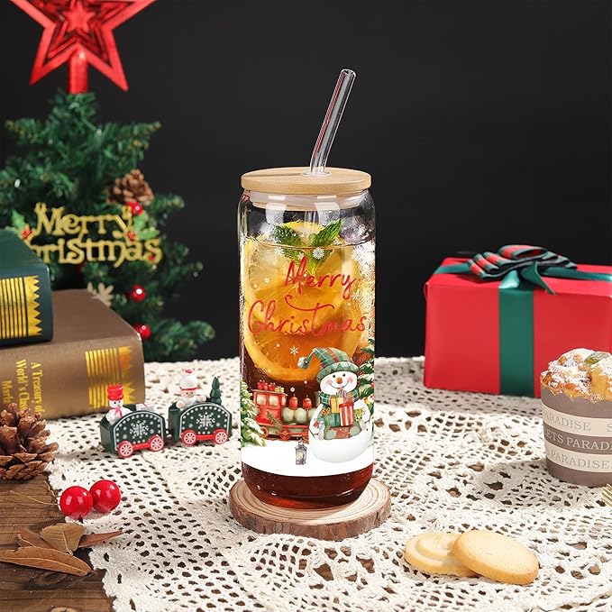 Joeyan Christmas Glass Cups,Tumbler with Lid and Straw,Snowman Train Iced Coffee Cups,Cute Can Shaped Beer Smoothie Drinking Glasses,Aesthetic Decoration Gift For Women Mom Friend,20 oz