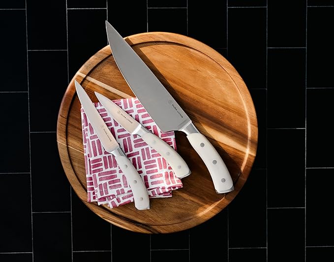 DURA LIVING 3-Piece Kitchen Knife Set – Ultra-Sharp German Stainless Steel, 8” Chef, 5” Utility, and 3.5” Paring Knives with Ergonomic Handles, Multipurpose Kitchen Knife Set, Clear