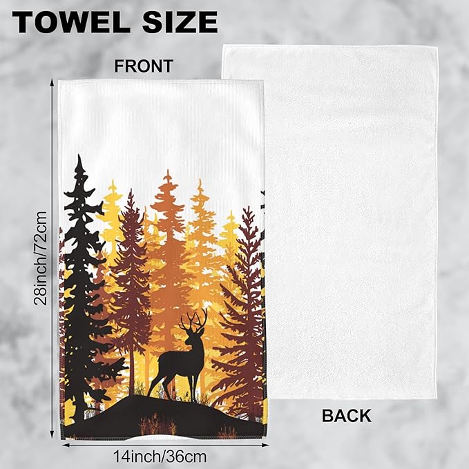 Sunset in Coniferous Forest Hand Towel Set,Deer with Sunset Hand Towels for Bathroom 2 Pack Soft Absorbent Decorative Dish Towel for Kitchen Sports Gym Yoga Home Decor 14 x 28 in