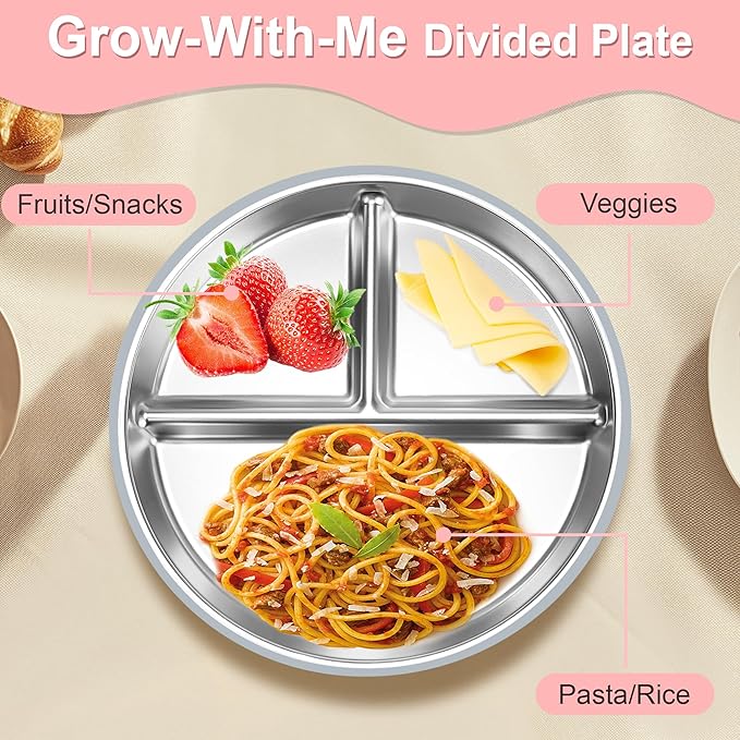 Bella's Friends Stainless Steel Kids Plates 8" Suction Plate for Baby,3 Packs Non-Toxic Divided Toddler Plates,Food-Grade Silicone Plate for Baby,Dishwasher Safe,grey,blue,dark blue