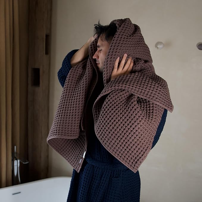 Luxury Organic Japanese Cotton Waffle Bath Towel | Thick, Absorbent, Quick Dry Bathroom Towels for Shower, Sauna, Onsen| Hotel & Spa Quality, Gift-Ready (Dark Cocoa, Hand Towel (3 Pack))