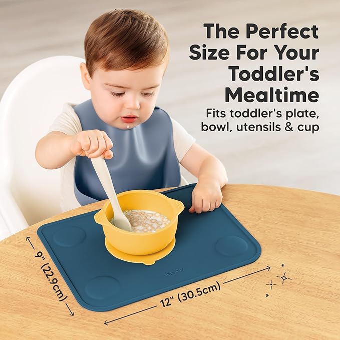 KeaBabies 2-Pack Silicone Placemats for Toddlers - 12x9 Non Slip Suction Baby Silicone Placemat for Kids Eating, Easy to Clean, Busy Travel Baby Mat for Dining Table, Food Grade/BPA-Free (Valiant)