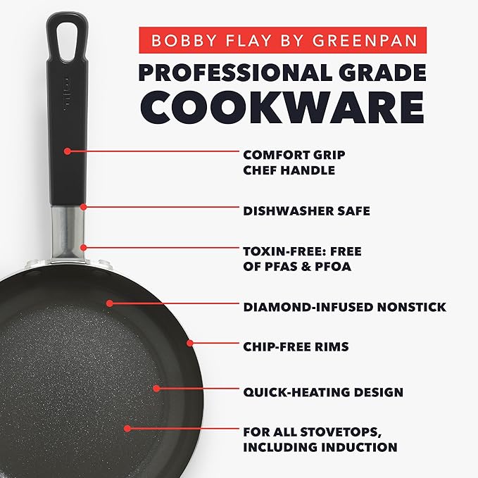 GreenPan x Bobby Flay 8" Nonstick Frying Pan Skillet, PFAS-Free Diamond Ceramic, Induction Suitable, Stay-Cool Silicone Handle, Easy Clean Dishwasher & Oven Safe, Egg & Omelet Pan, Black