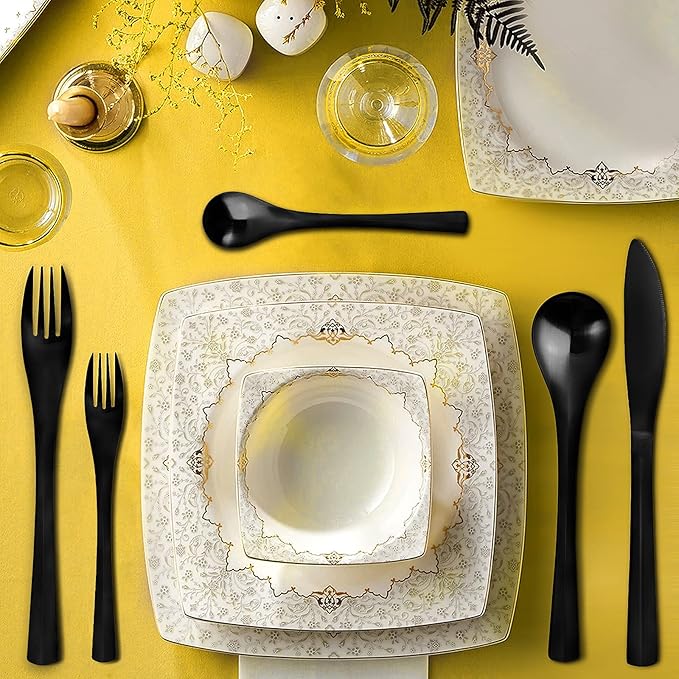 Black Silverware Set, Bysta 40-Piece Flatware Set, Stainless Steel Utensils Service for 8, Tableware Cutlery Set for Home and Restaurant, Include Knife/Fork/Spoon, Satin Finish, Dishwasher Safe