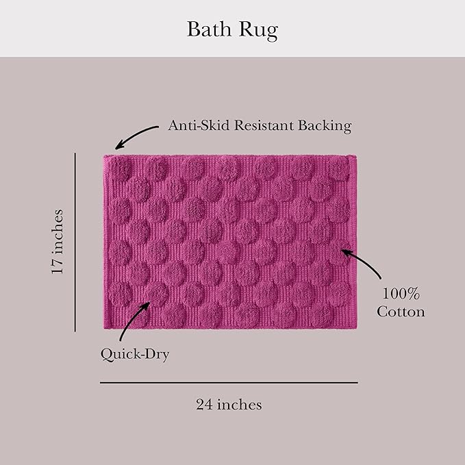Kate Spade New York Dotted Woven Bath Rug, 17 in x 24 in, Absorbent Bath Mat, Slip Resistant, Made from 100% Cotton, Machine Washable, Fuchsia Red