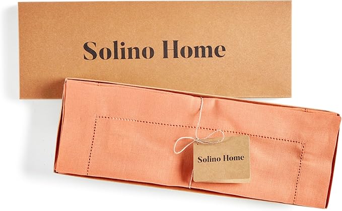 Solino Home Linen Cloth Placemats Set of 4-100% Pure Linen Hemstitch Coral Placemats 14 x 19 Inch - Classic Hemstitch Table Place Mats