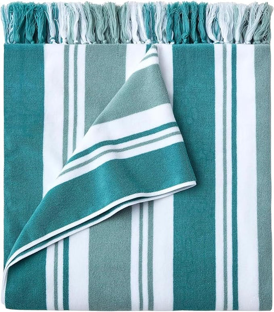 Laguna Beach Textile Co. Striped Cabana Beach Towel - Oversized, Plush 630 GSM Cotton - Palm Green