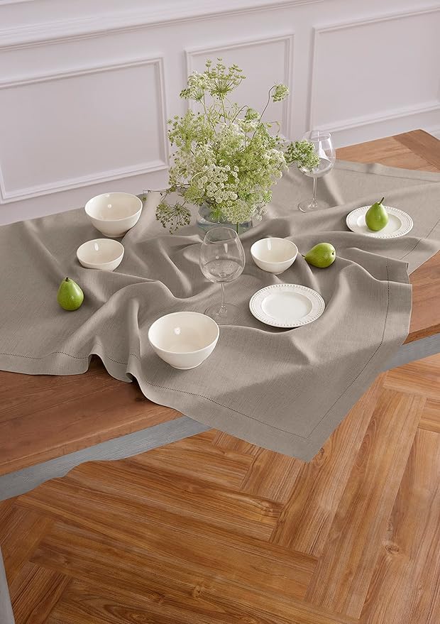 Solino Home Natural Linen Tablecloth 52 x 52 Inch - 100% Pure Linen Square Table Throw - Classic Hemstitch, Machine Washable Table Cloth for Holiday, New Year