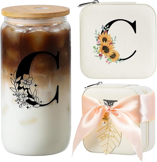 AYGXU Bridesmaid Gifts for Wedding Day,Bridesmaid Proposal Gifts,galentines day gifts,Drinking glass with Bamboo Lids and Straw,Jewelry Organizer,Travel Essentials Small Jewelry Box,Initial C white