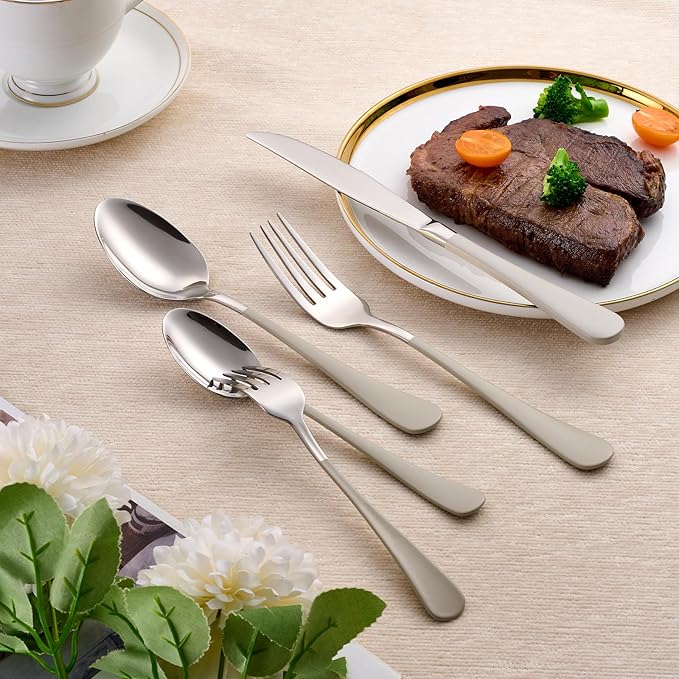 20-Piece Off white Silverware Set 18/0 Stainless Steel Silverware Set Off white Handle Cutlery Set Service for 4 Dinner Knives Forks Spoons Set Flatware Set Finish Dishwasher Safe