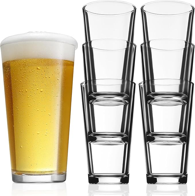 Glaver's Beer Pint Glasses Set of 6, Highball Glass 17 oz Tall Drinking Glasses Everyday Stackable Water Glass Cups Home Bar Cocktail Glassware