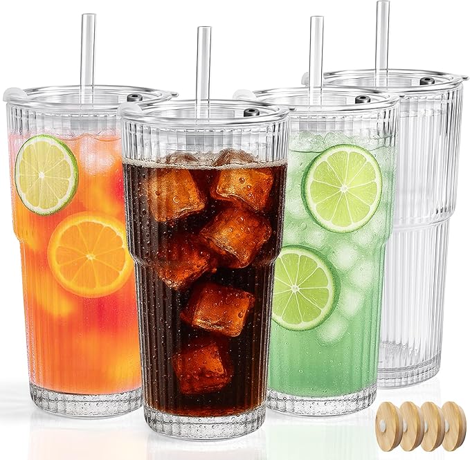 Ruckae 20oz Reusable Ribbed Glass Tumbler Set – 2 Pack Leakproof Glass Cups with Bamboo Lids,Thickened Glass– Aesthetic Iced Coffee Glasses for Home, Office, Travel, and Gifts (4, Transparent)