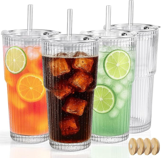 Ruckae 20oz Reusable Ribbed Glass Tumbler Set – 2 Pack Leakproof Glass Cups with Bamboo Lids,Thickened Glass– Aesthetic Iced Coffee Glasses for Home, Office, Travel, and Gifts (4, Transparent)