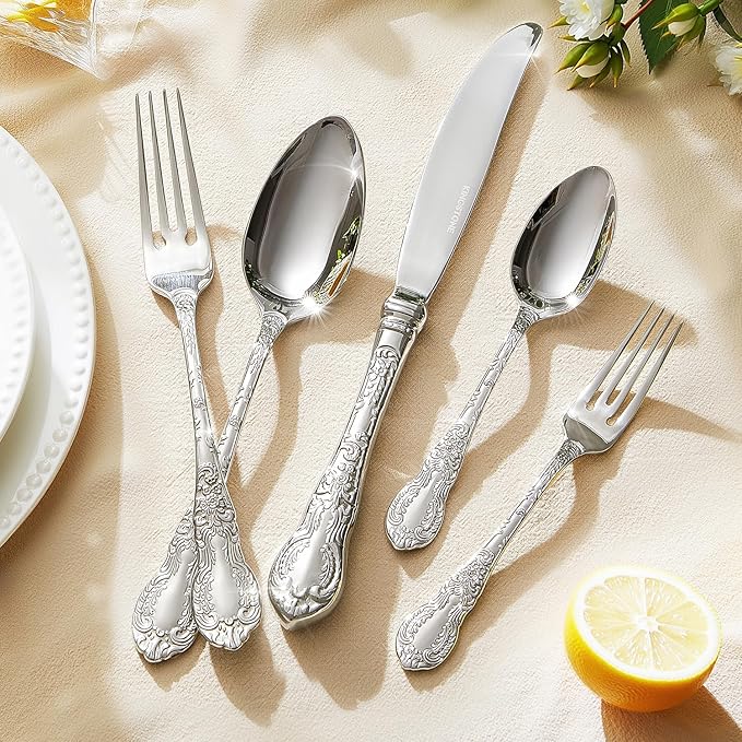 KINGSTONE Vintage Carved Silverware Set, 5-Piece 18/10 Stainless Steel Flatware Cutlery Set with Retro Royal Thick Handle, Tableware Utensils for Home, Restaurant, party, Wedding, Dishwasher Safe