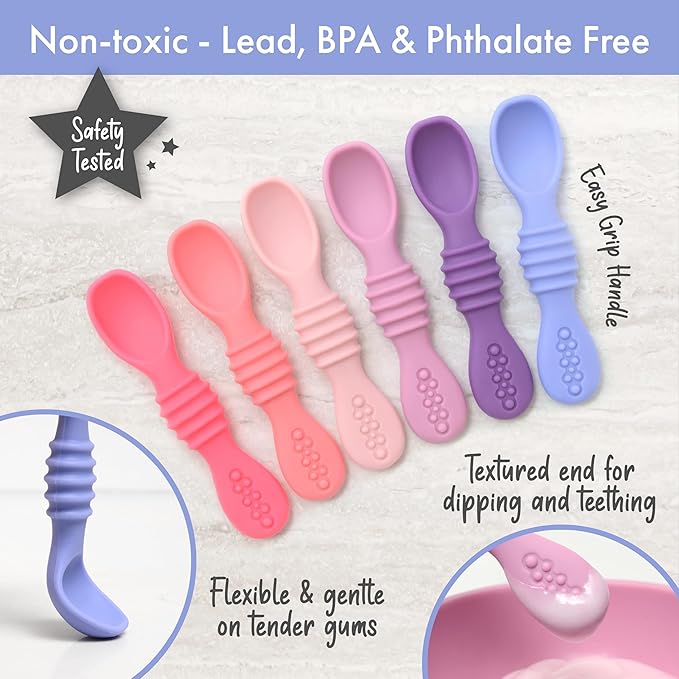 PrimaStella Silicone Chew Spoon Set for Babies and Toddlers - Safety Tested - BPA Free - Microwave, Dishwasher and Freezer Safe - Rosy Shades